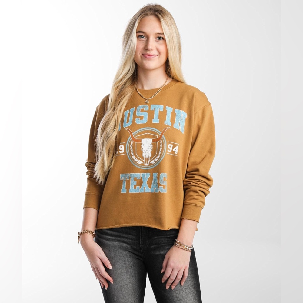 Modish Rebel Austin Texas Distressed Pullover - Dijon Yellow Size Small